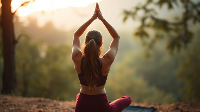 Женщина занимается йогой утром